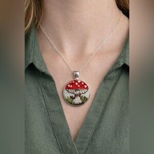 Hand Embroidered Mushroom Pendant